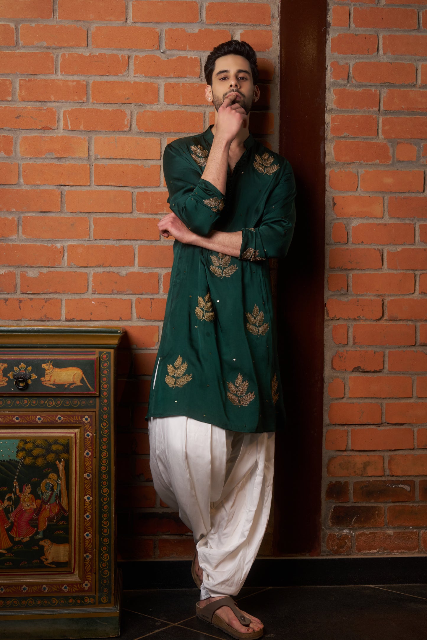 Green traditional kurta with gold leaf embroidery design