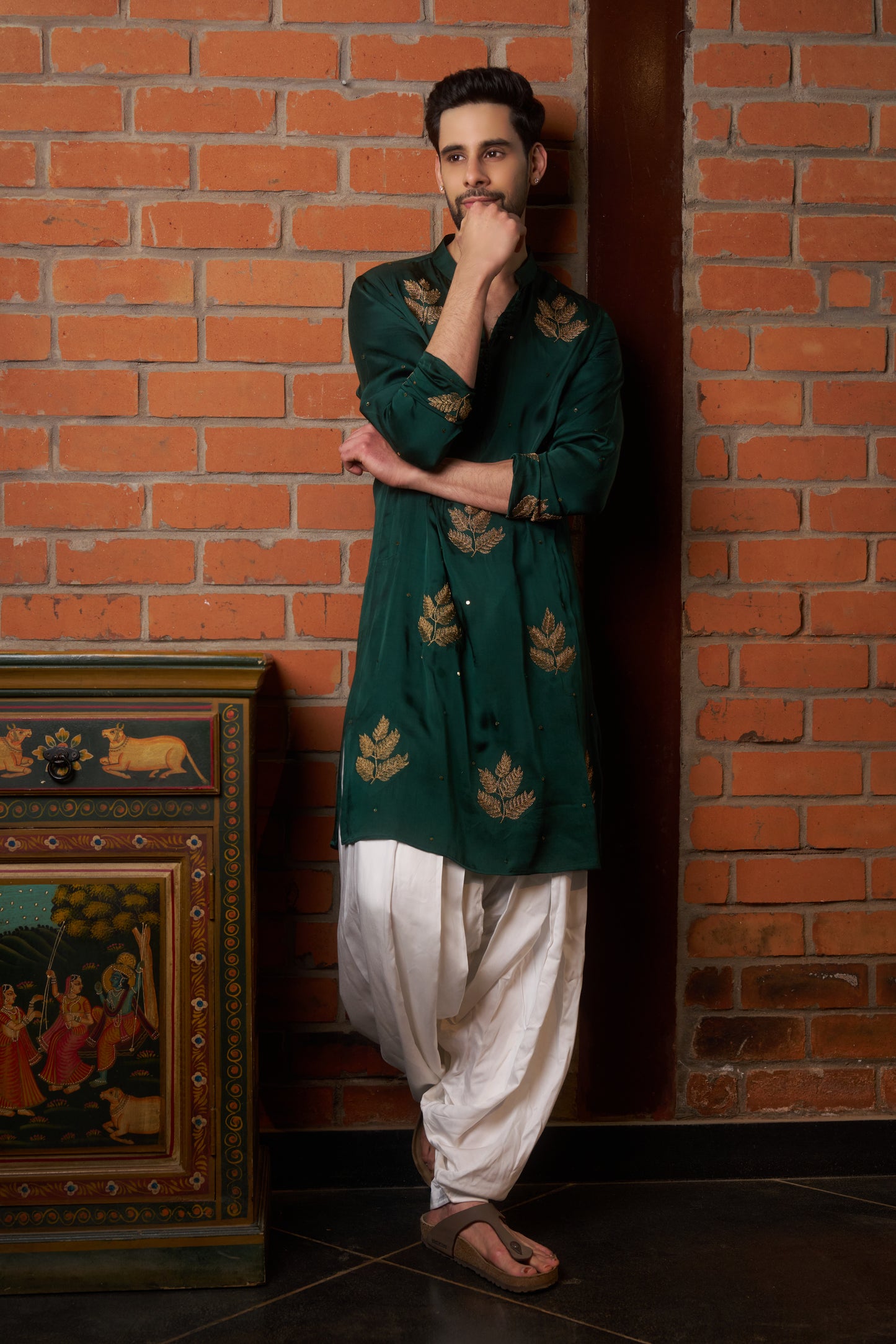 Green traditional kurta with gold leaf embroidery design