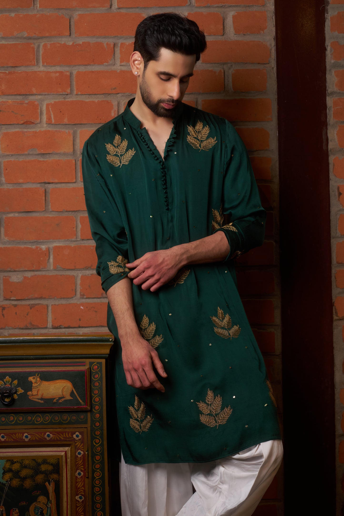 Green traditional kurta with gold leaf embroidery design