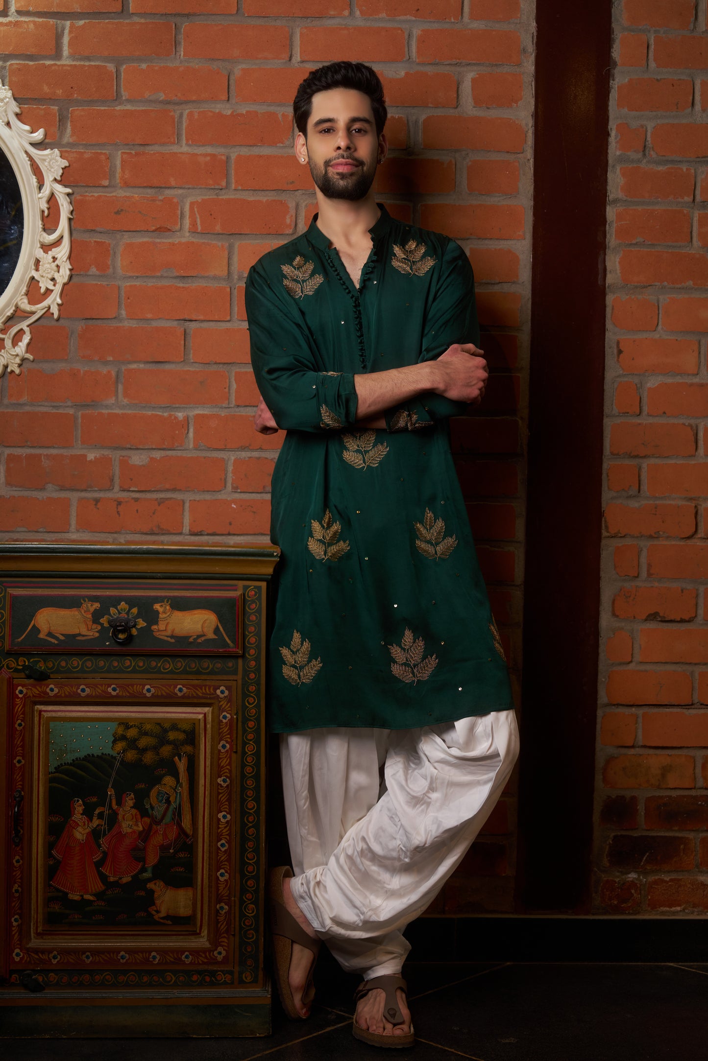 Green traditional kurta with gold leaf embroidery design