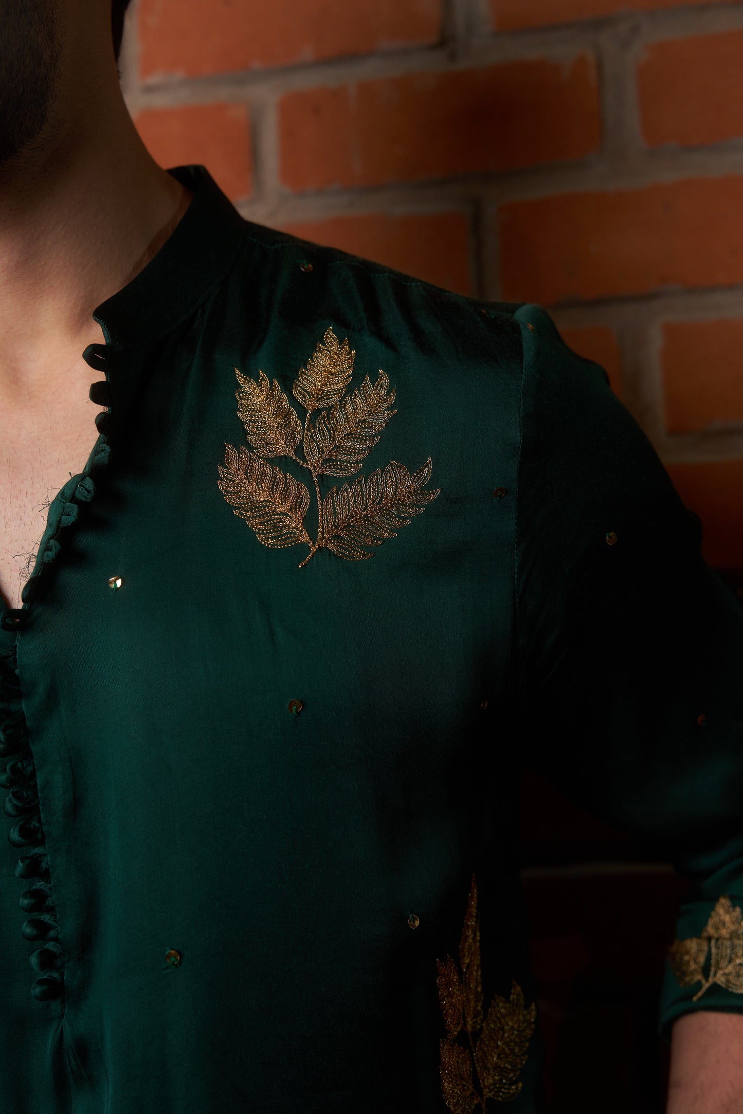 Green traditional kurta with gold leaf embroidery design