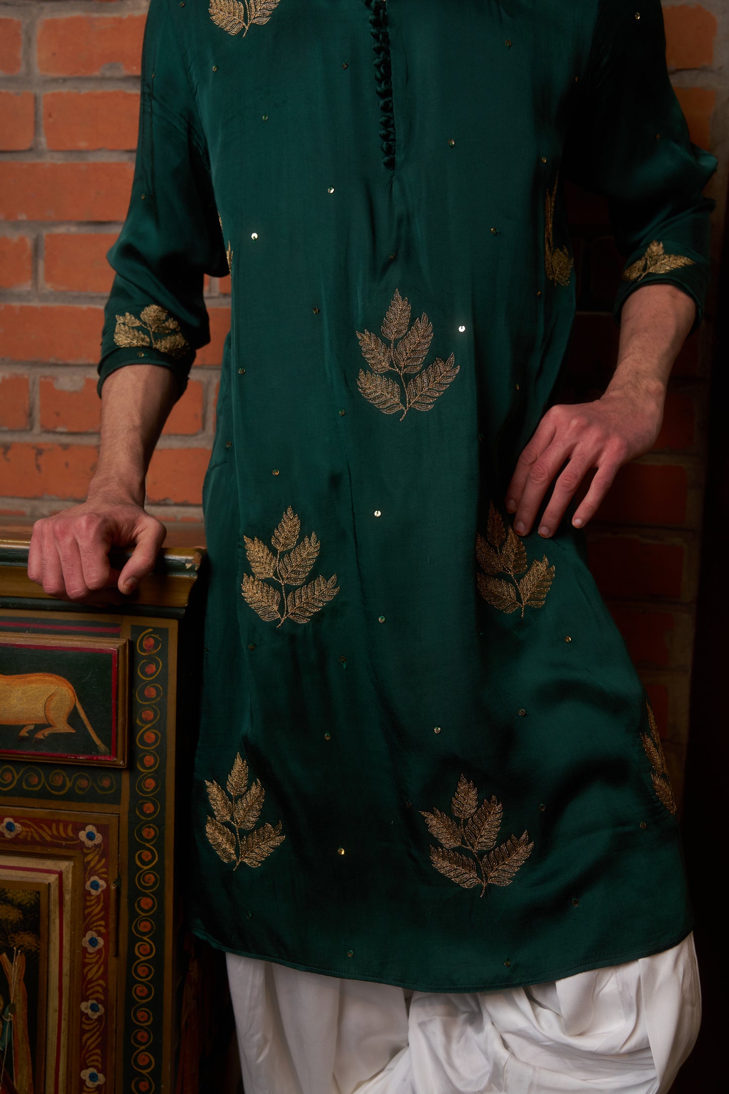 Green traditional kurta with gold leaf embroidery design