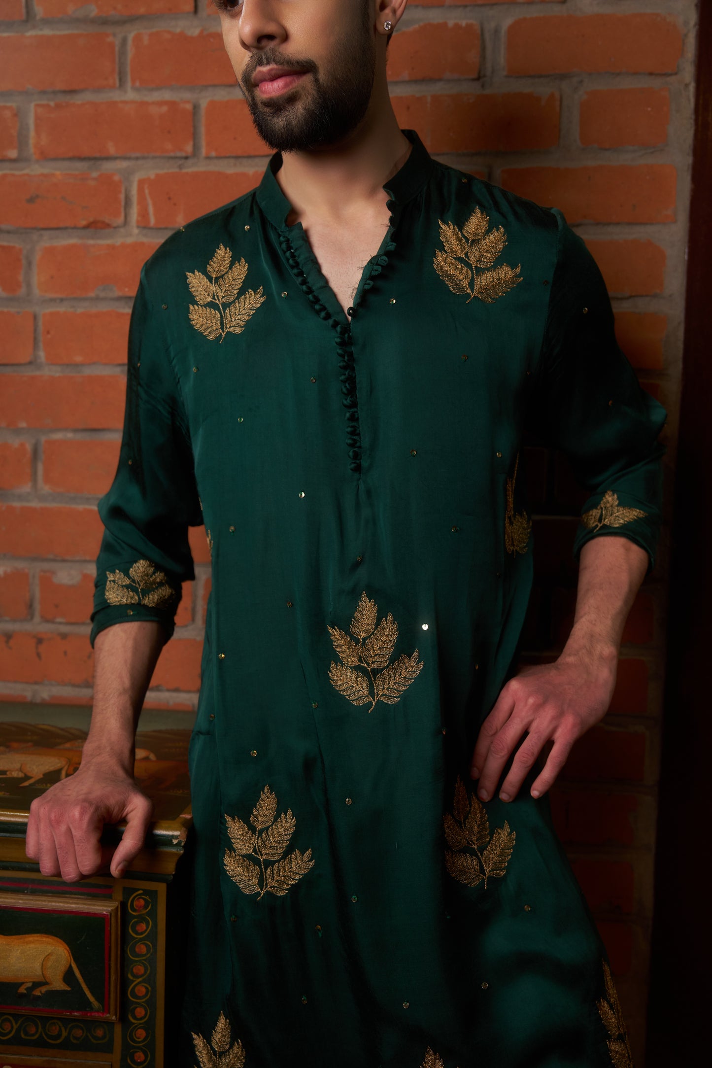 Green traditional kurta with gold leaf embroidery design