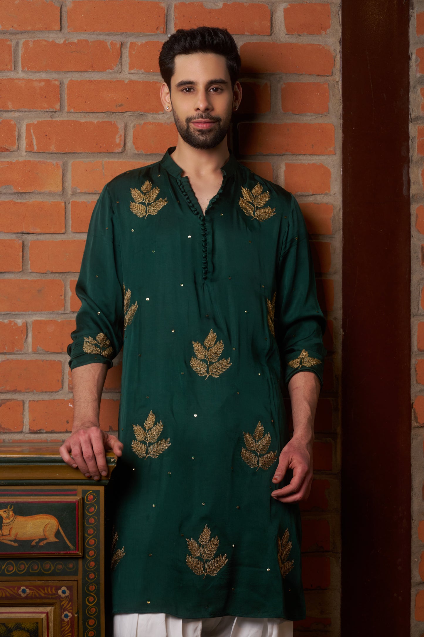 Green traditional kurta with gold leaf embroidery design