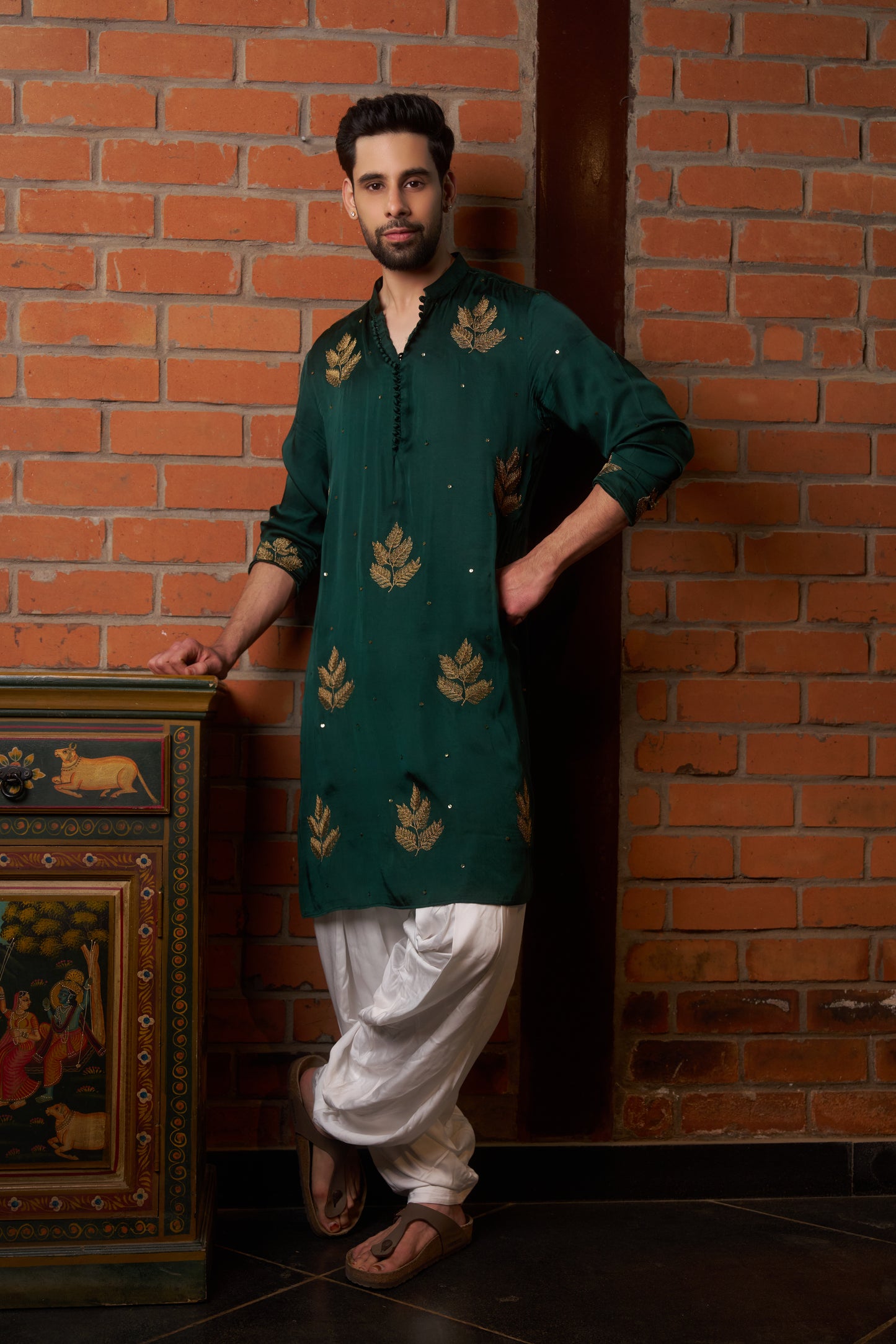 Green traditional kurta with gold leaf embroidery design