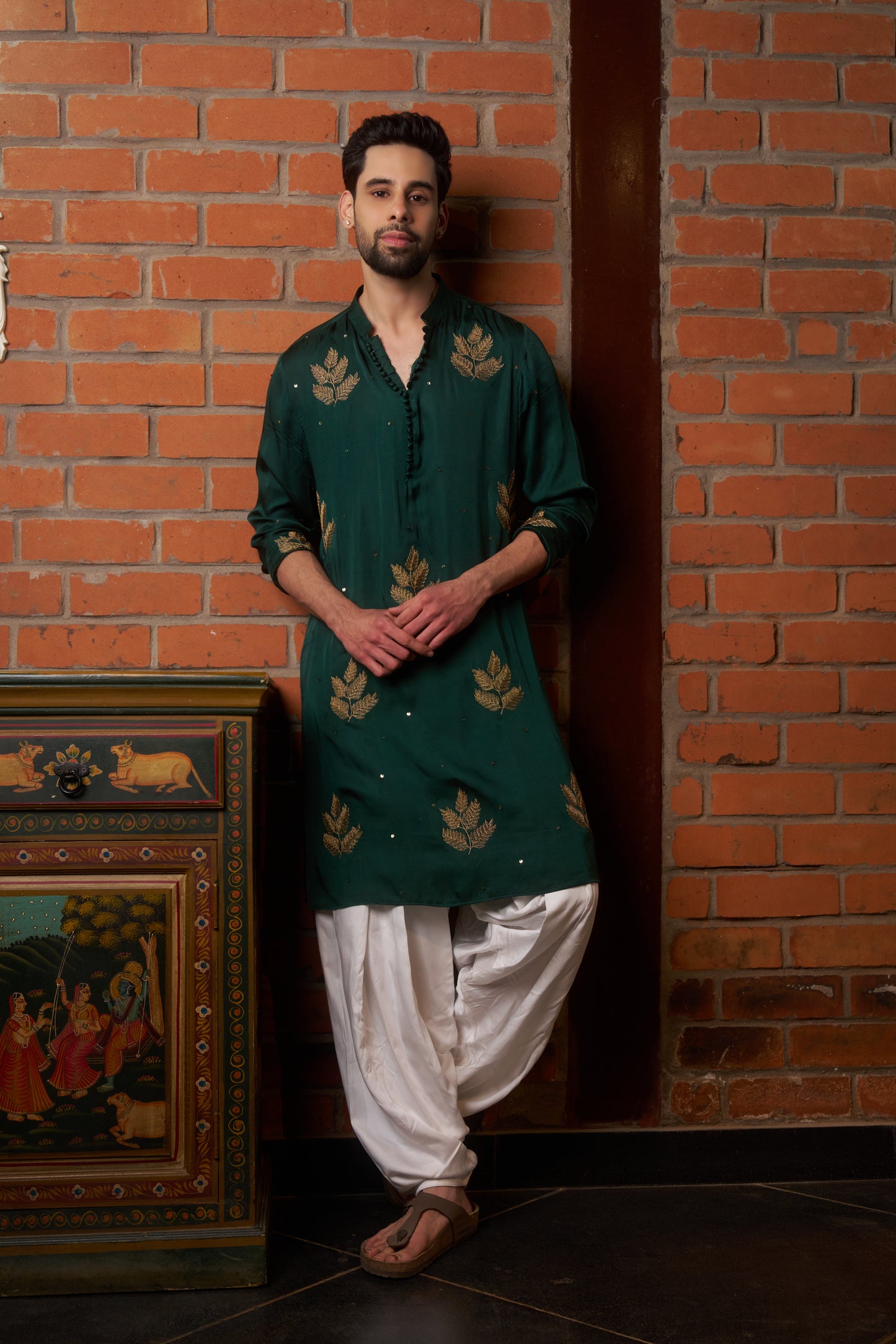 Green traditional kurta with gold leaf embroidery design