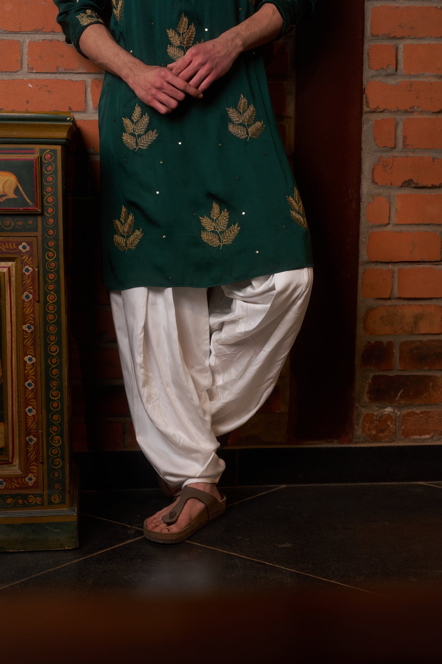 Green traditional kurta with gold leaf embroidery design