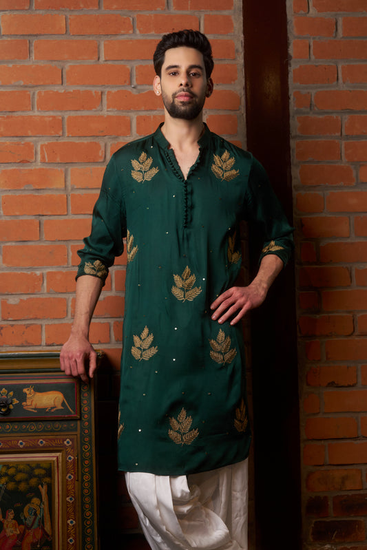 Green traditional kurta with gold leaf embroidery design