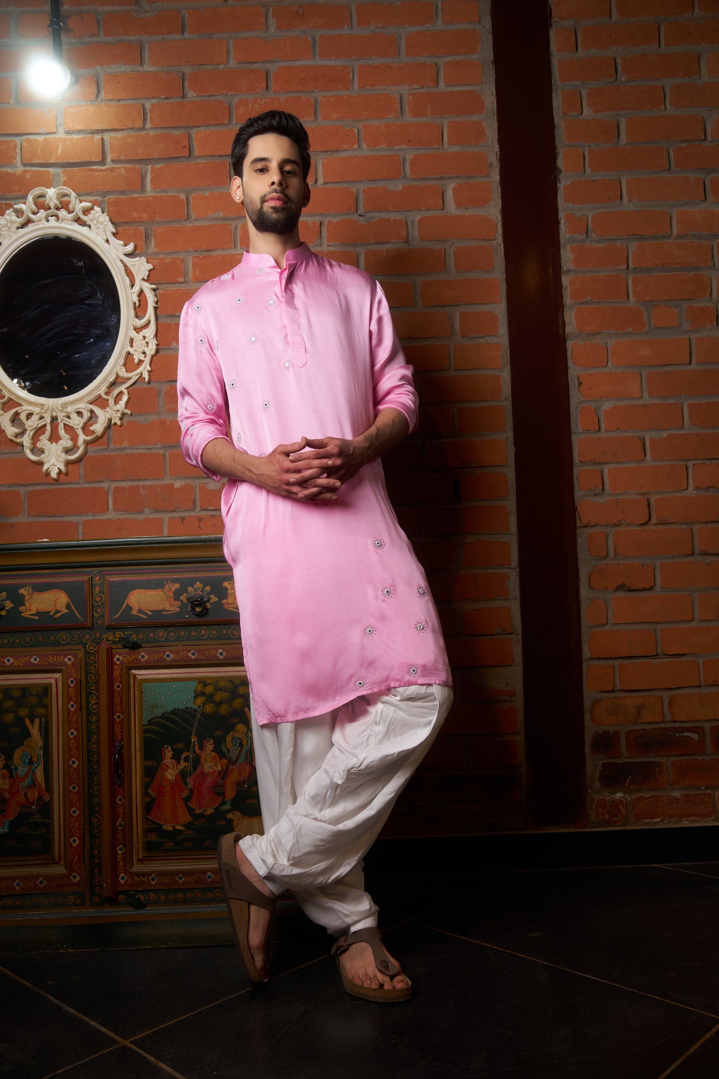 Pink kurta with white hand embroidery one sided design