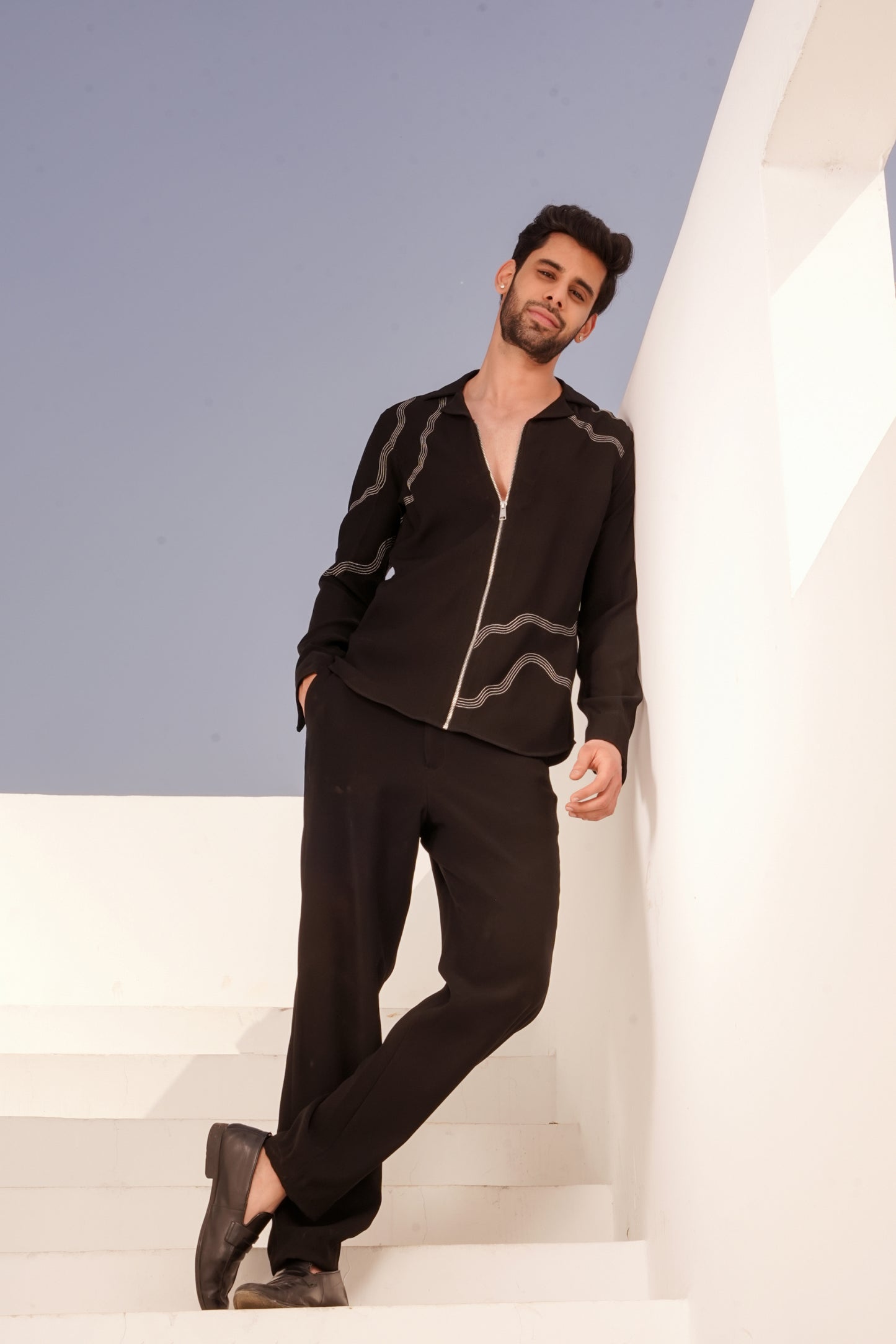 Black Zipper Shirt with Gold Design