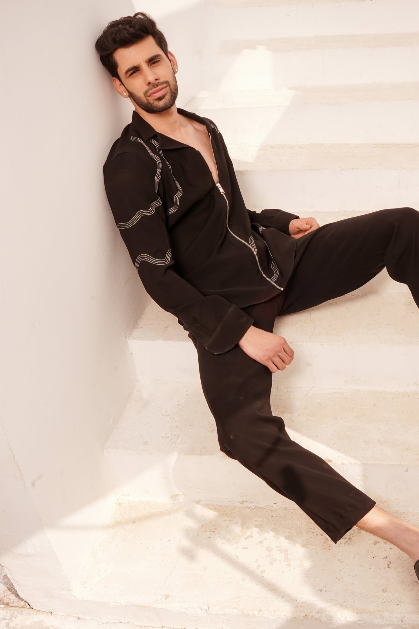 Black Zipper Shirt with Gold Design