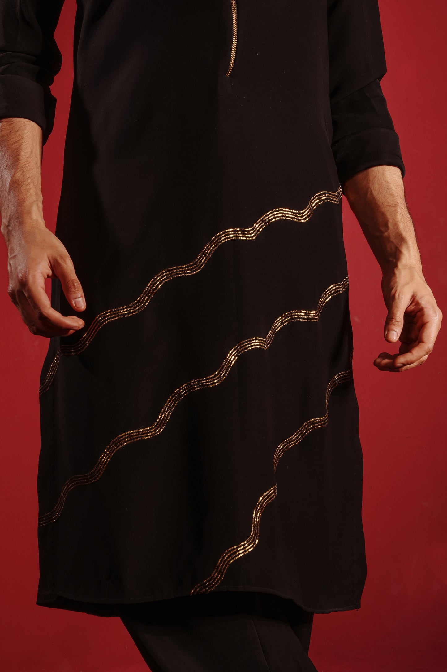 Gold Zardosi Work Black Kurta with Zipper