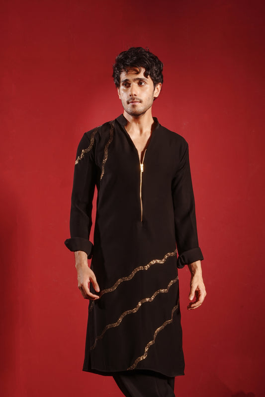 Gold Zardosi Work Black Kurta with Zipper