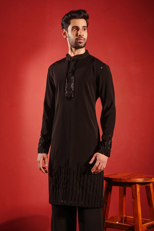 Black Kurta with Black Motif Design