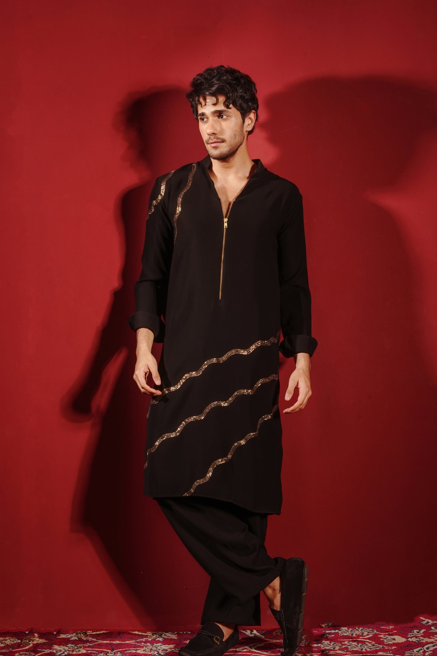 Gold Zardosi Work Black Kurta with Zipper