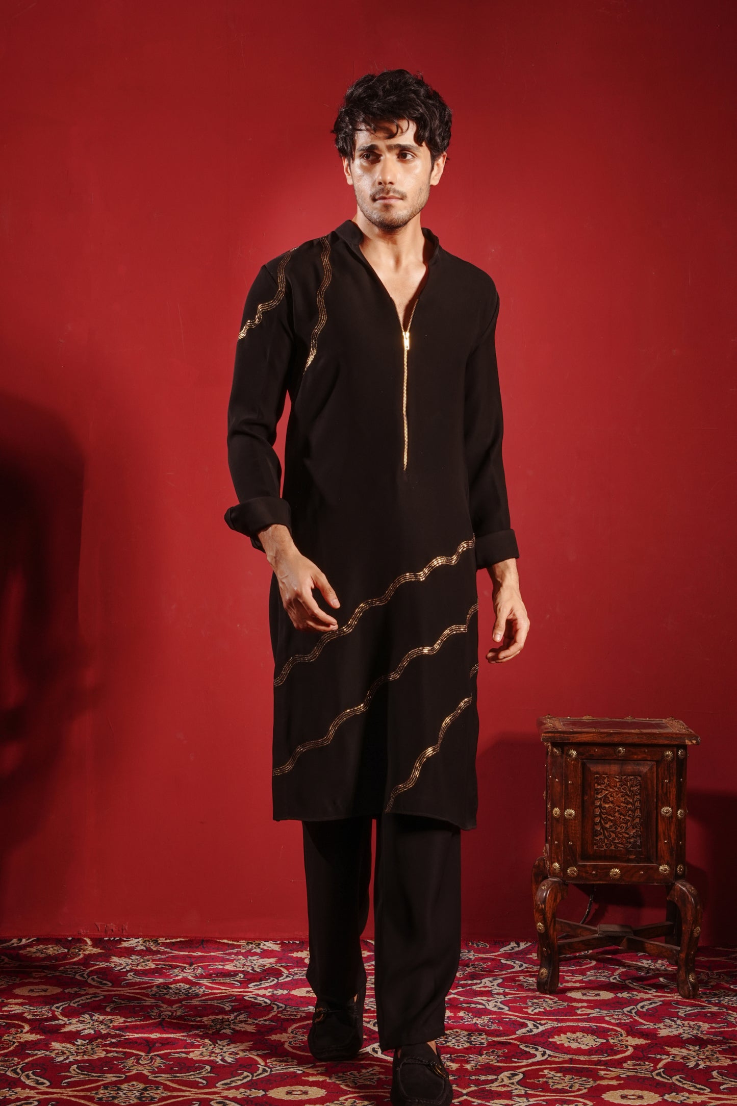 Gold Zardosi Work Black Kurta with Zipper
