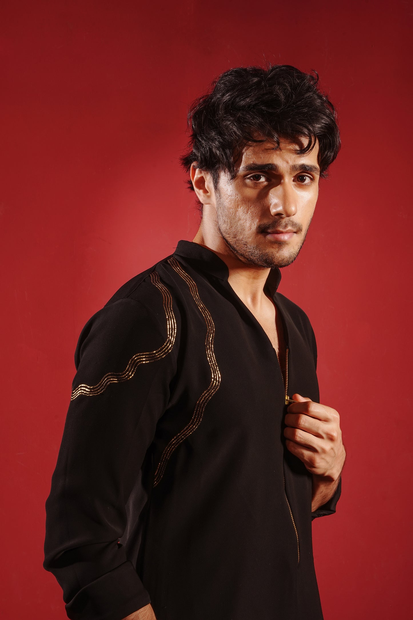 Gold Zardosi Work Black Kurta with Zipper