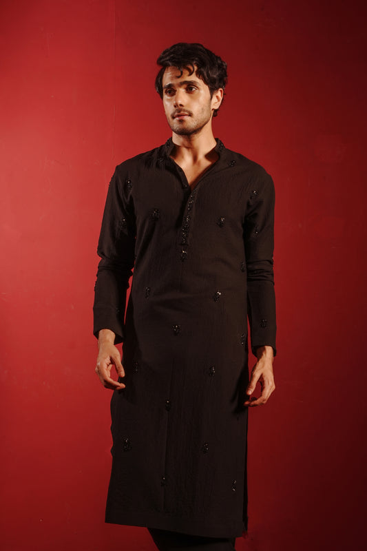 Black Kurta Embezzled with Motifs Design