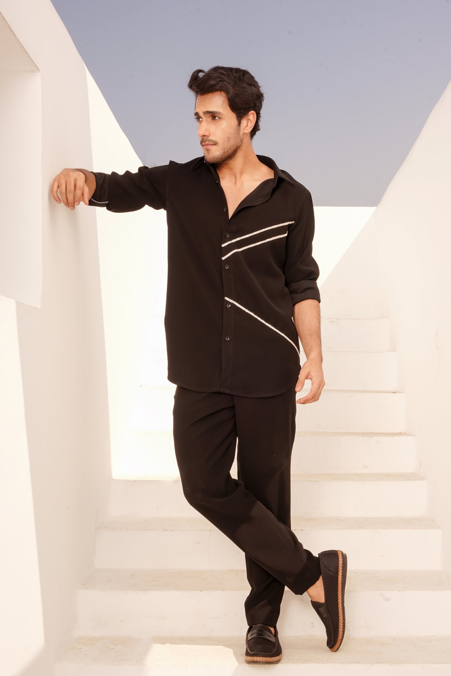 Black Premium Shirt Embezzled with Silver Lines