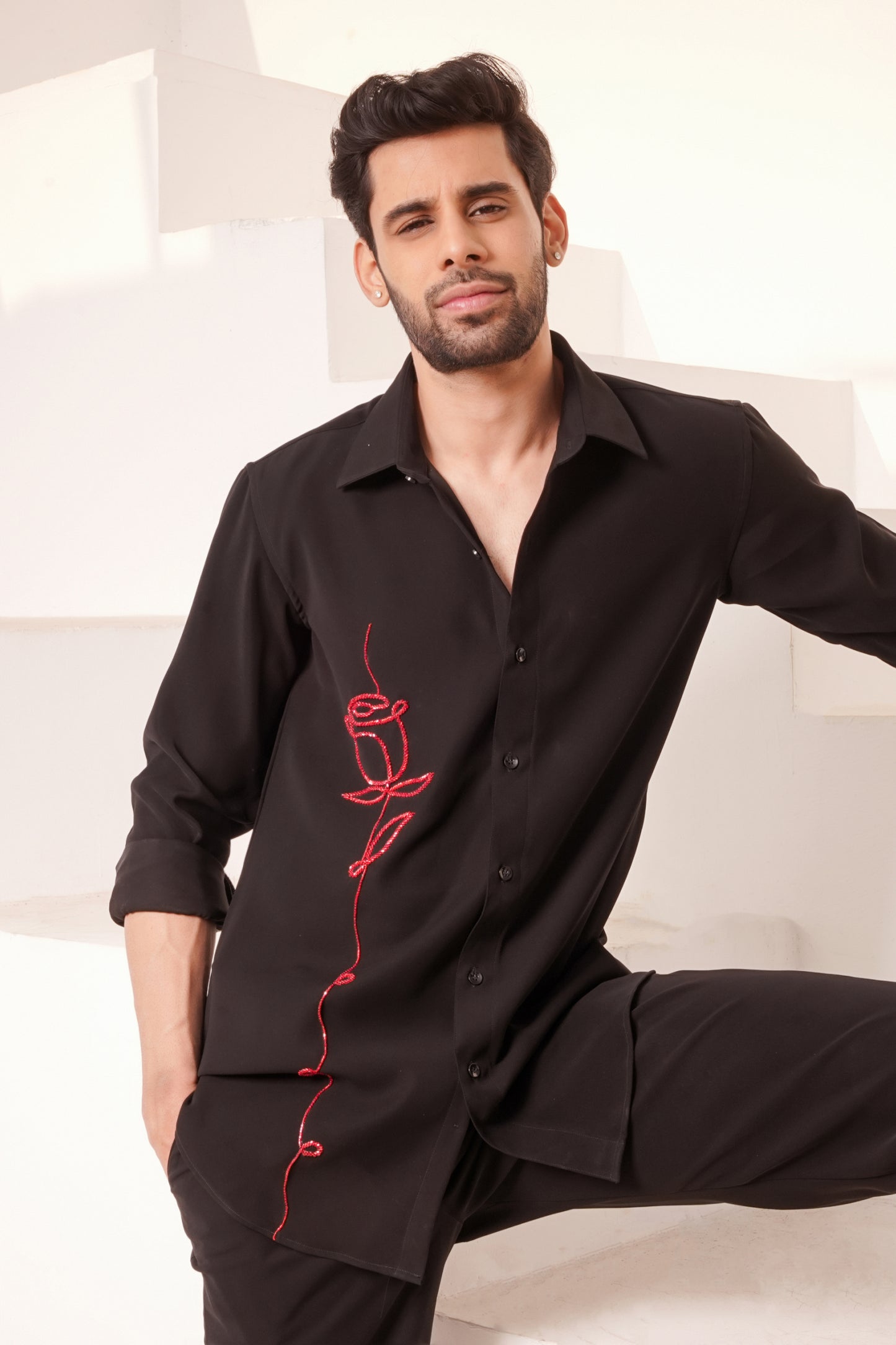 Premium Black Shirt with Red Rose