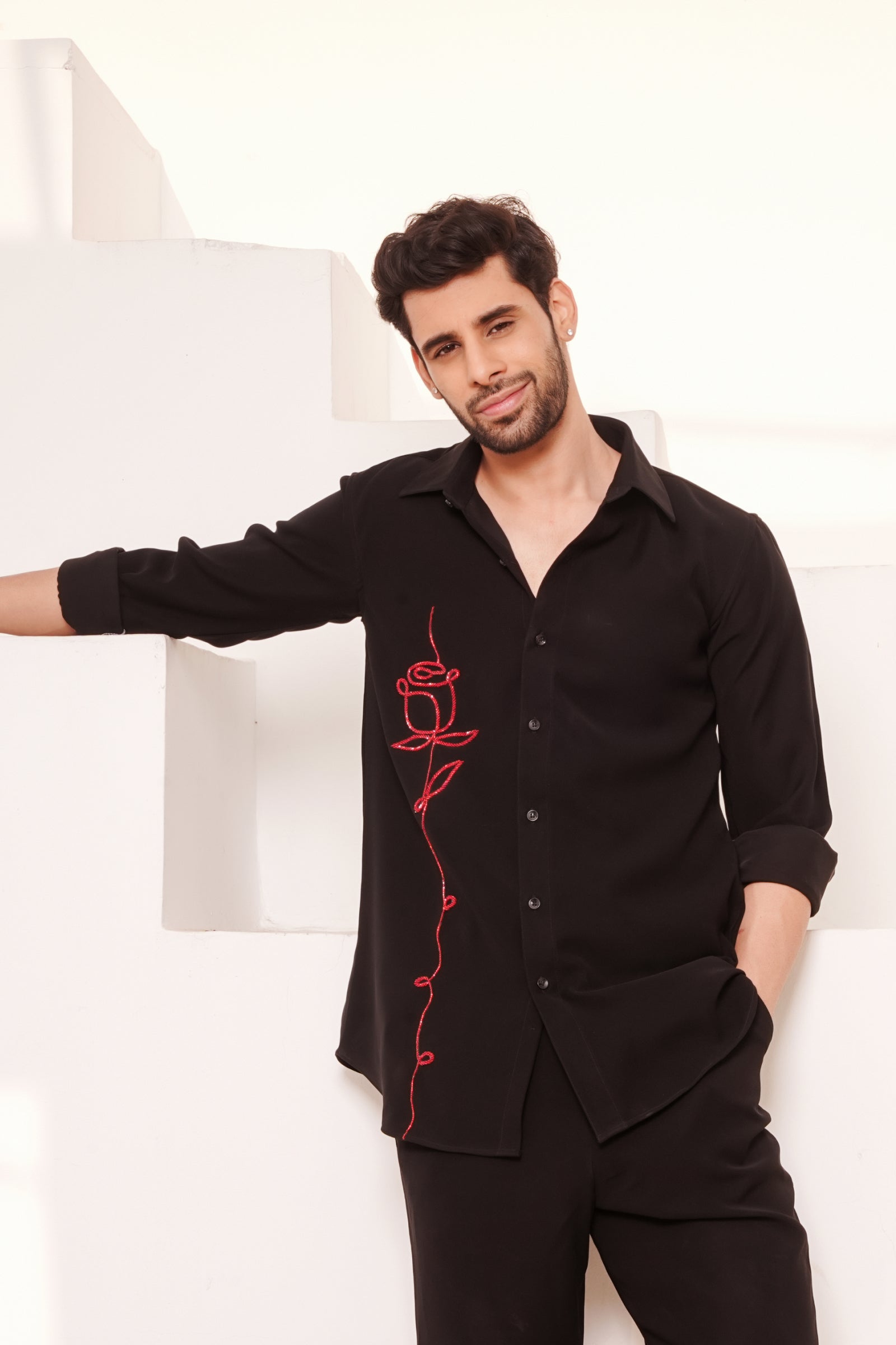black dress shirt with roses EMBROIDERED ROSE SHIRT