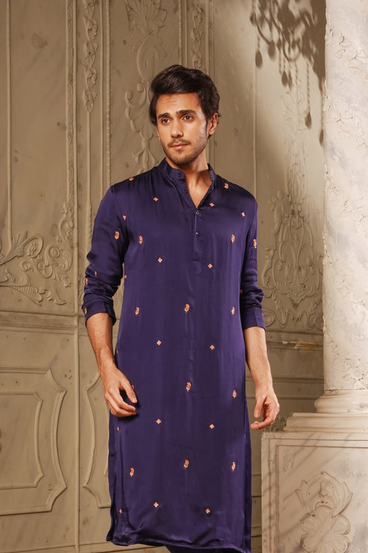 Blue Satin Kurta with Pink Embroided Design
