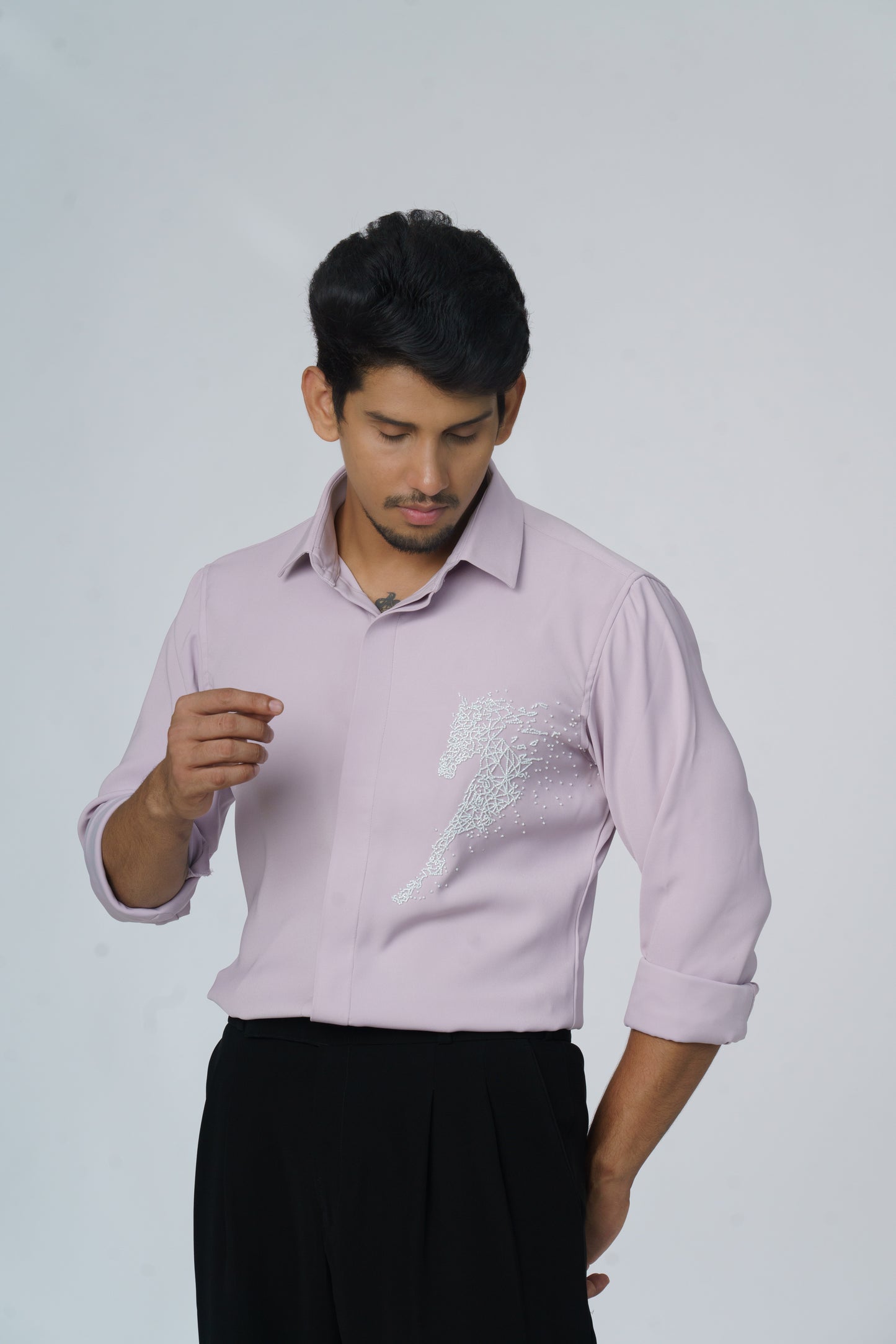 Pink shirt with white horse hand embroidery