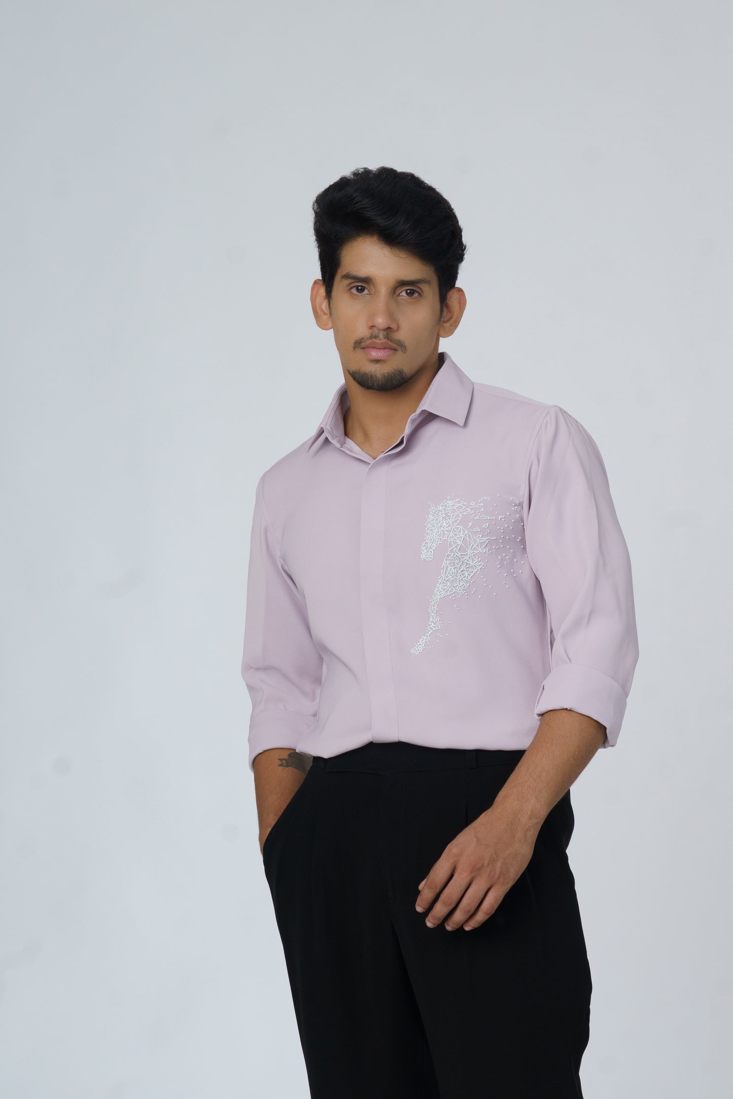 Pink shirt with white horse hand embroidery