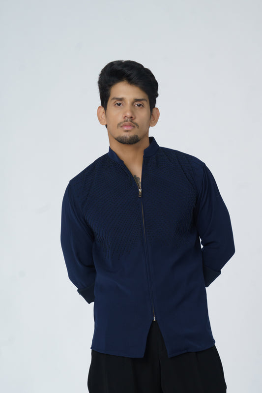 Zipper shirt with black lines hand embroidery