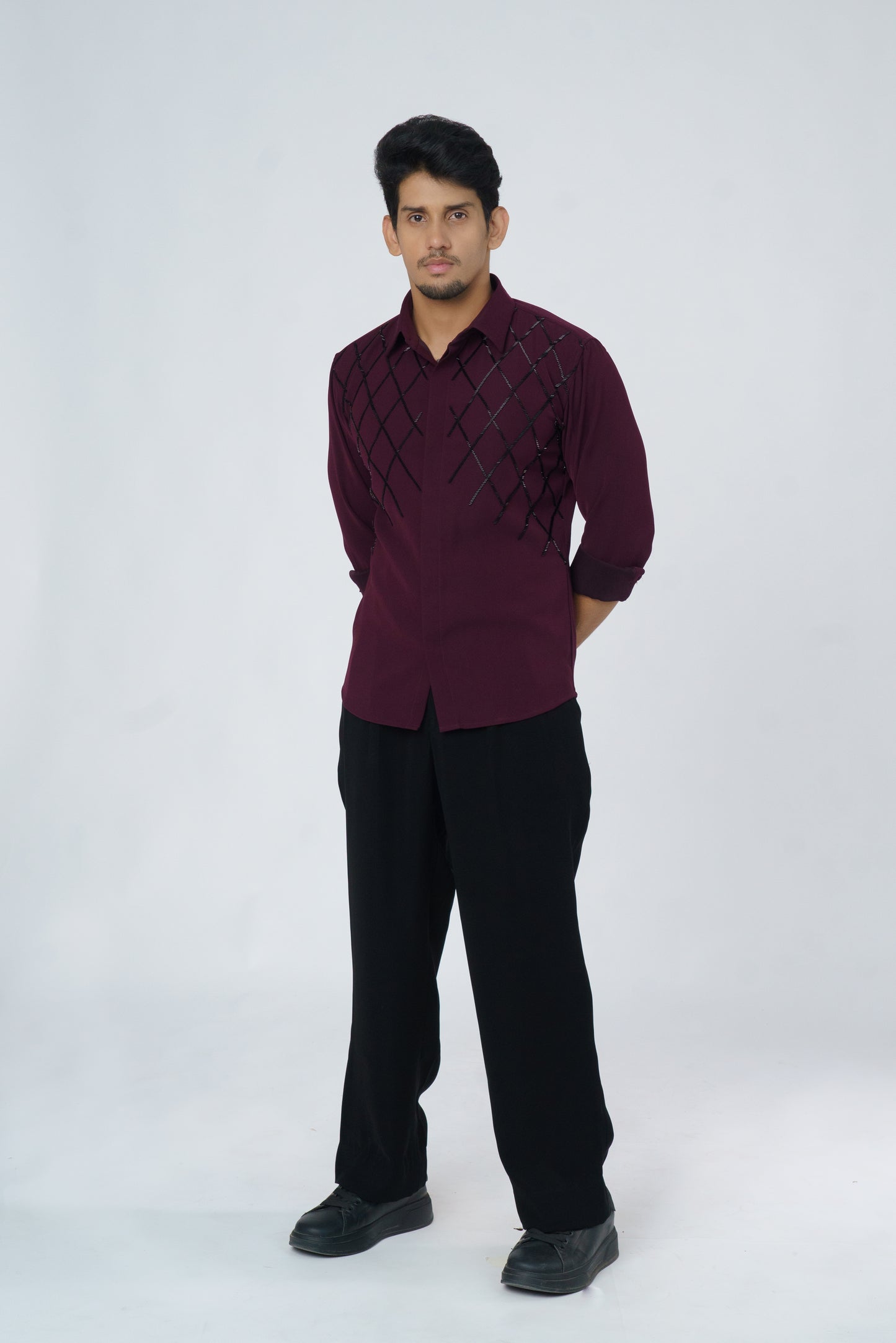 Solid Shirt with Black checks design hand embroidery