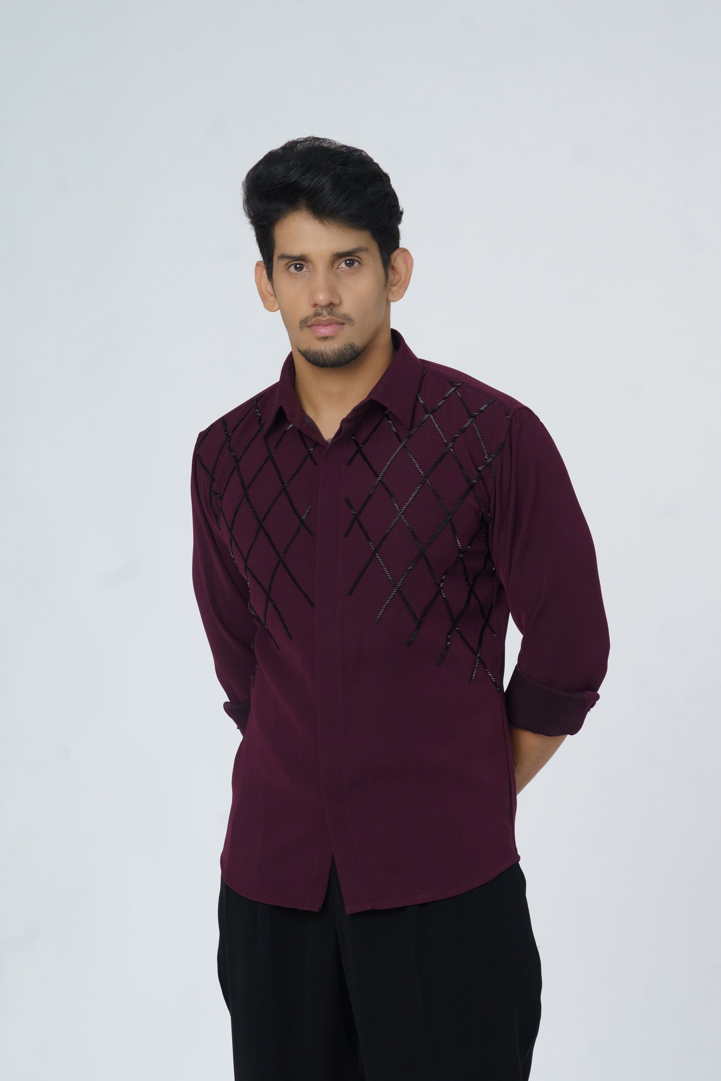 Solid Shirt with Black checks design hand embroidery