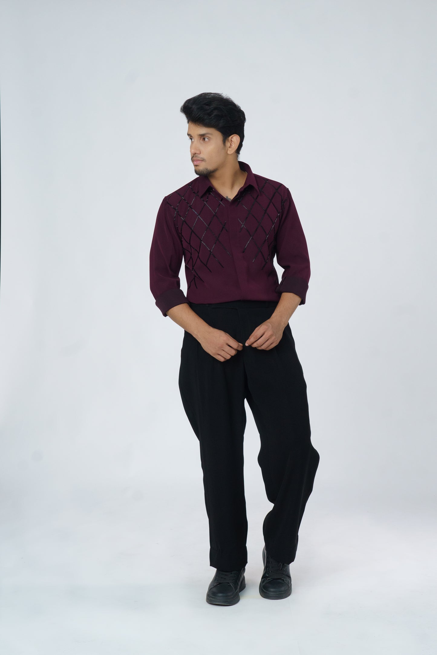 Solid Shirt with Black checks design hand embroidery