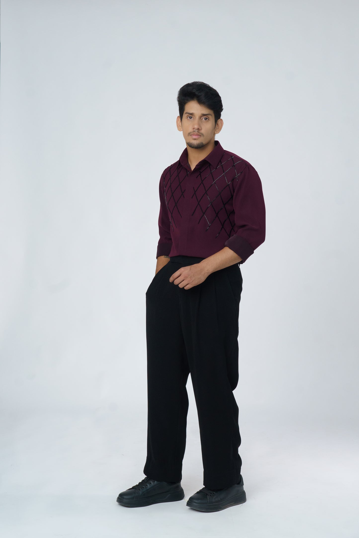 Solid Shirt with Black checks design hand embroidery