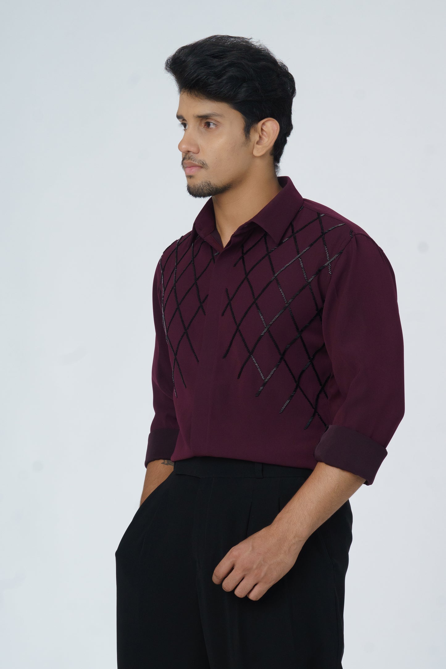 Solid Shirt with Black checks design hand embroidery