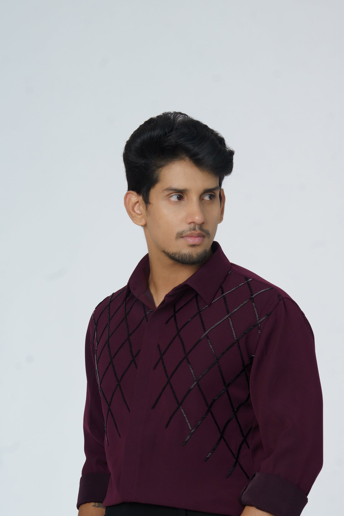 Solid Shirt with Black checks design hand embroidery