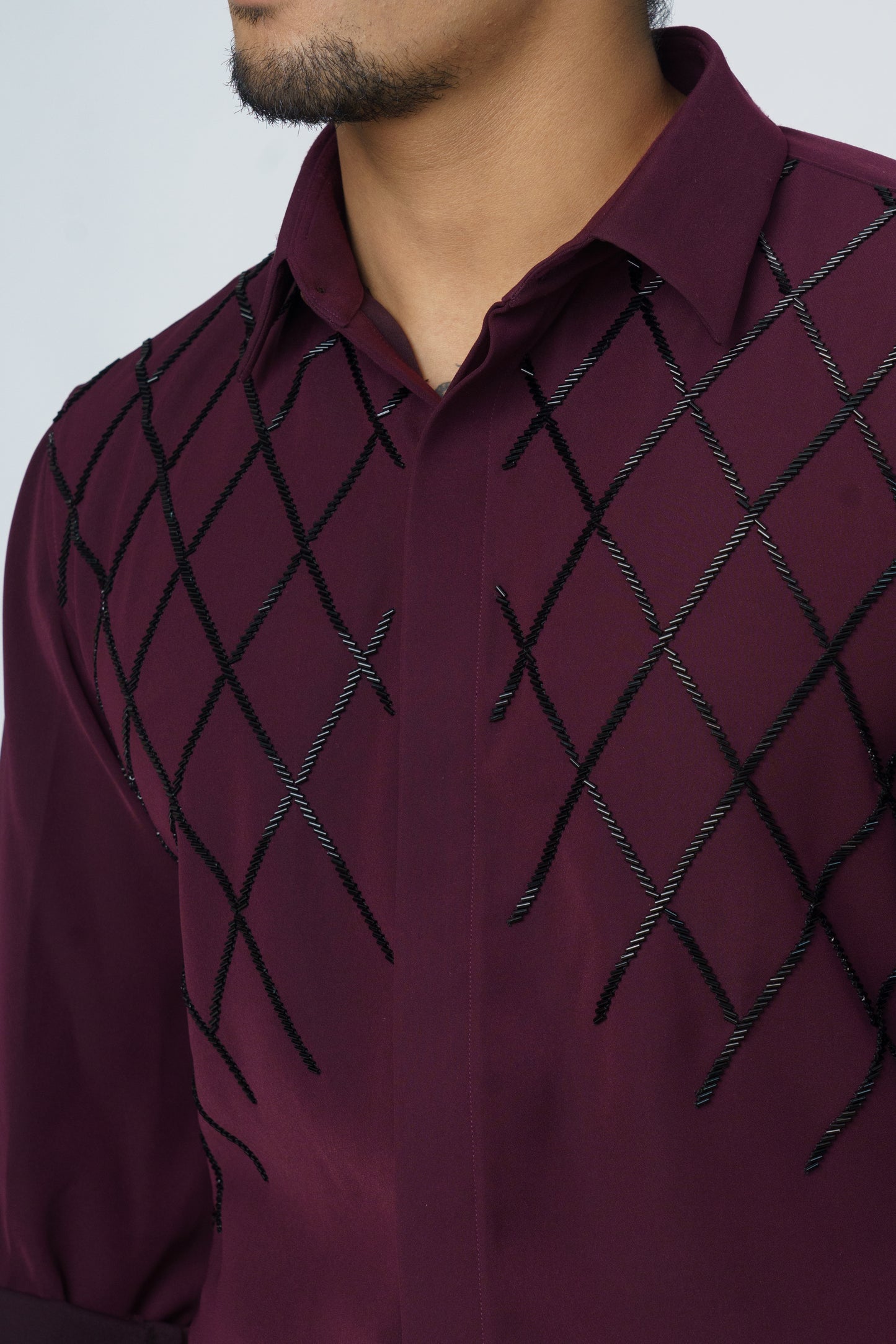 Solid Shirt with Black checks design hand embroidery
