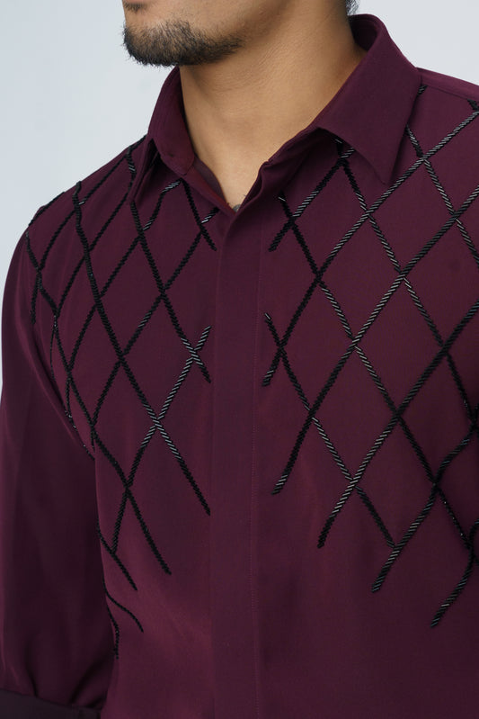 Solid Shirt with Black checks design hand embroidery