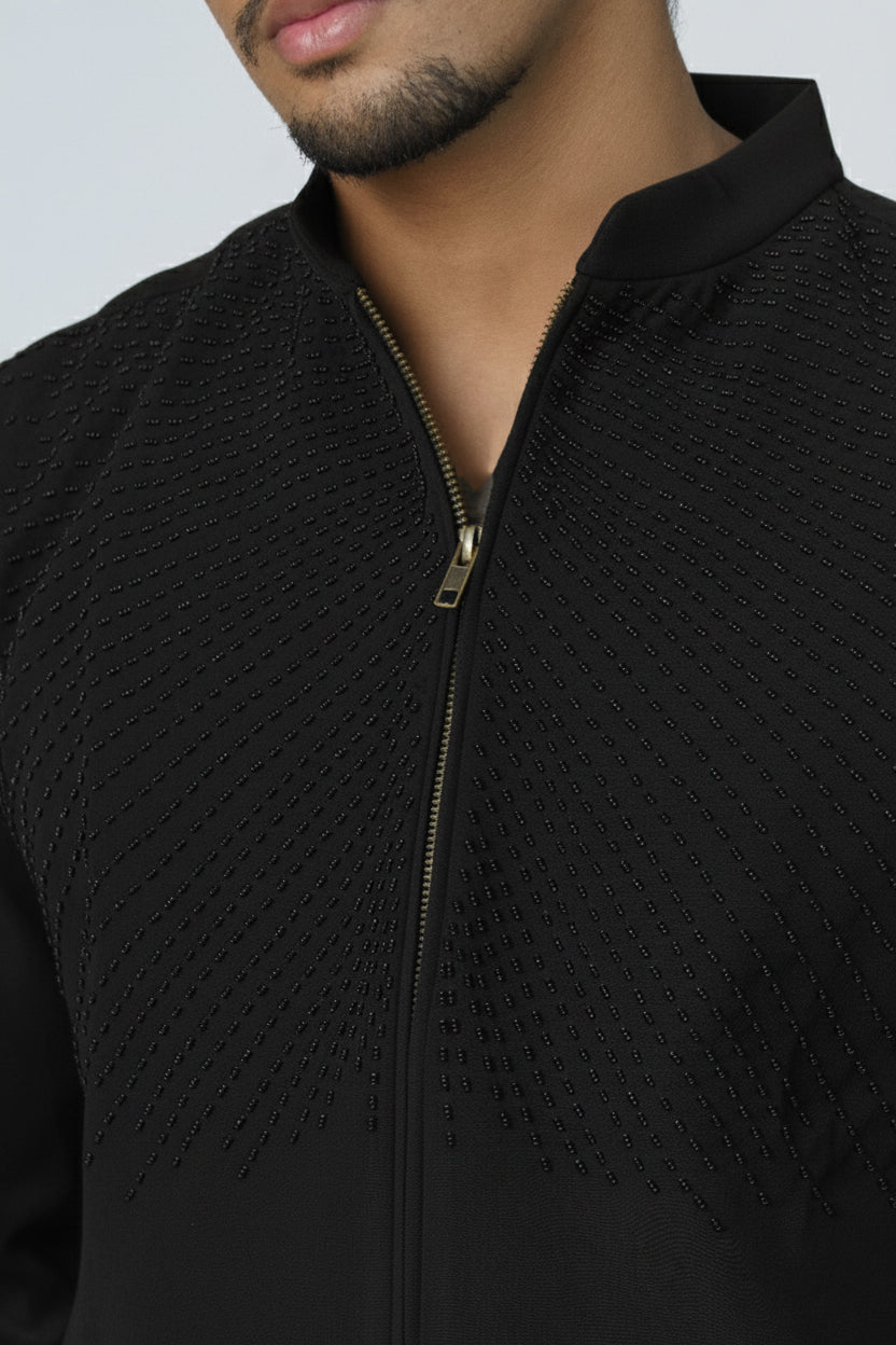 Zipper shirt with black lines hand embroidery