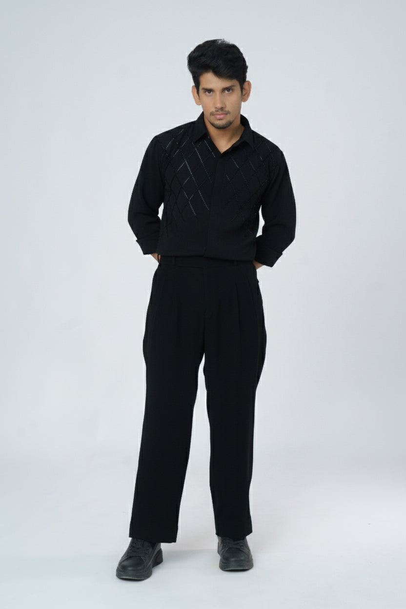 Solid Shirt with Black checks design hand embroidery