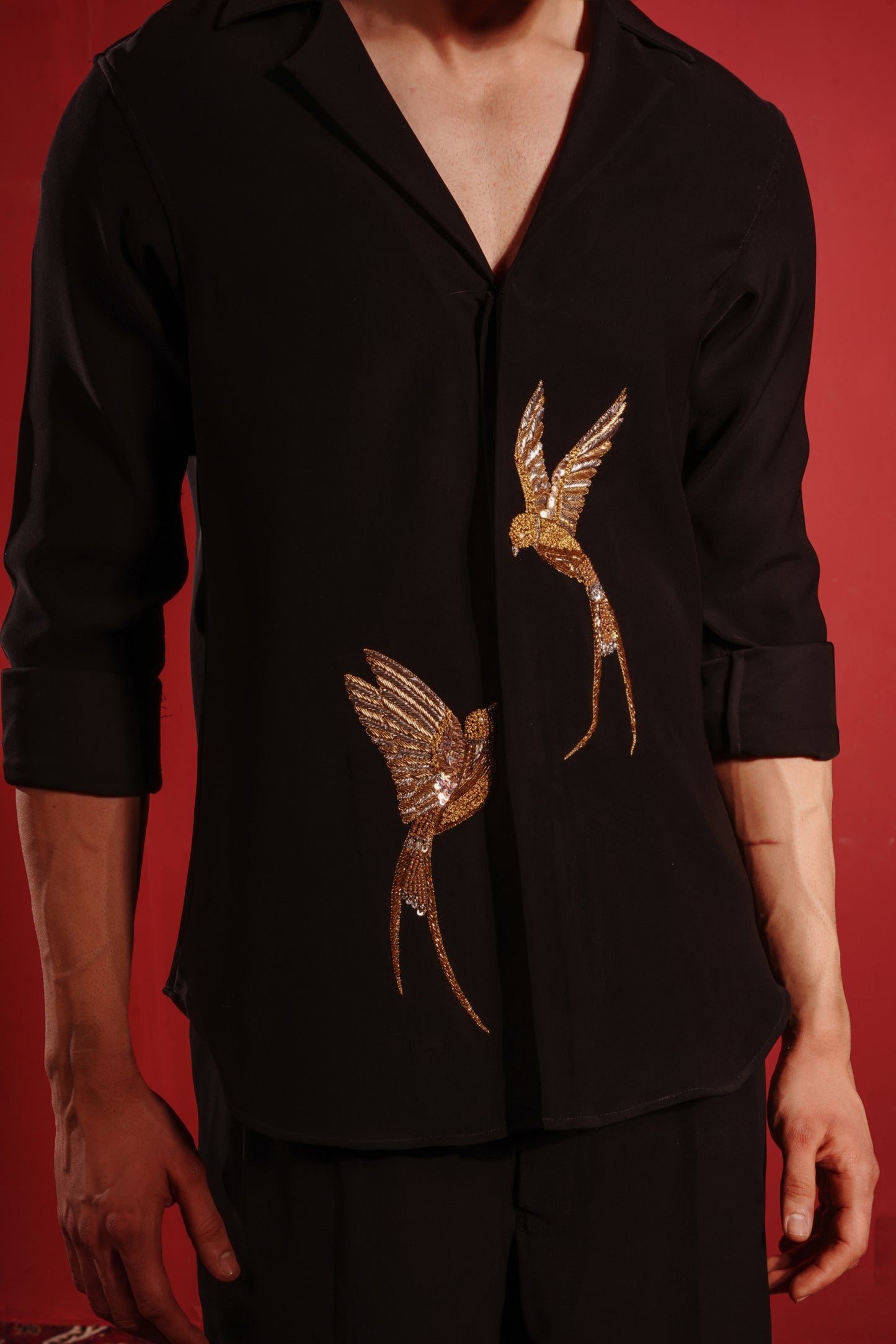 Black Shirt with Gold Birds