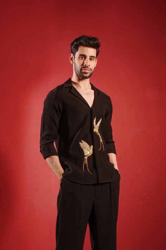Black Shirt with Gold Birds