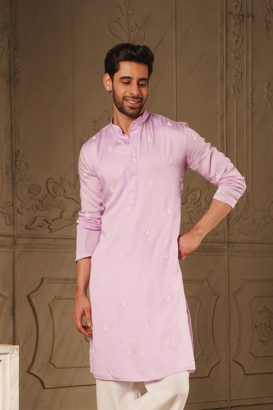 Lavender Kurta with White Leaf Design