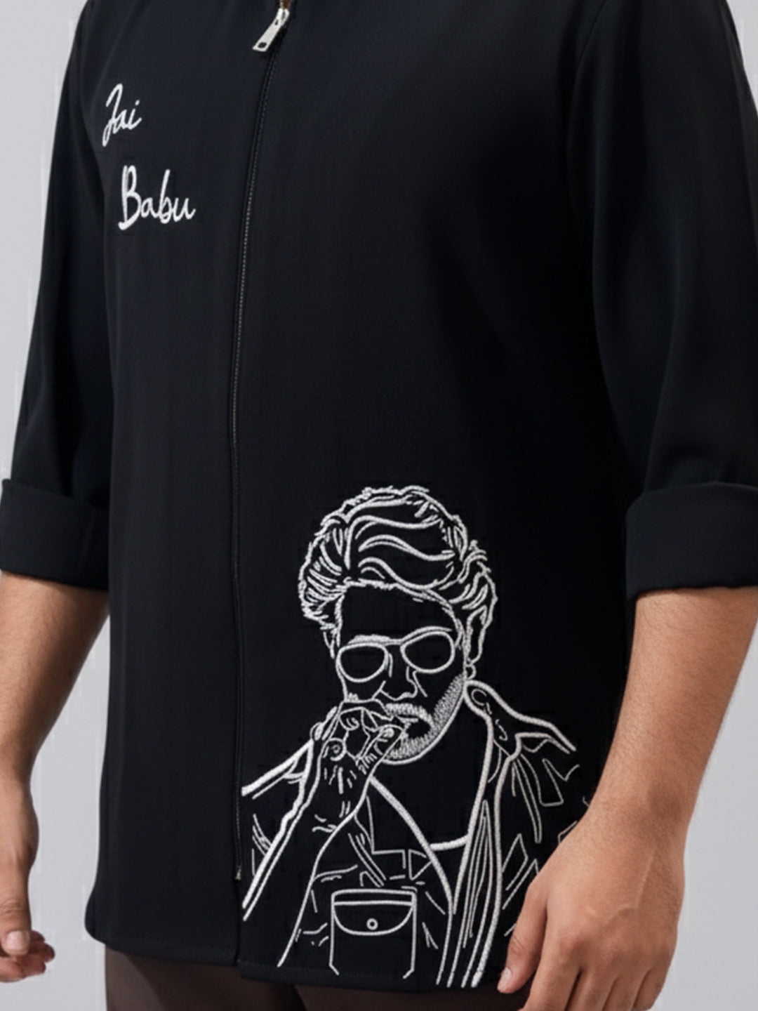 Mahesh Babu's Jai Babu shirt- black zipper shirt with white hand embroidery