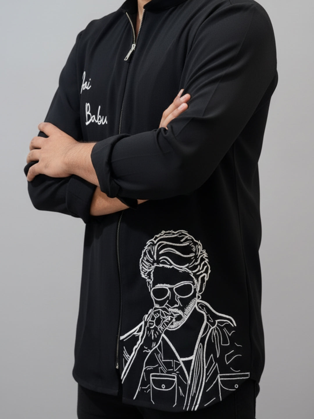 Mahesh Babu's Jai Babu shirt- black zipper shirt with white hand embroidery