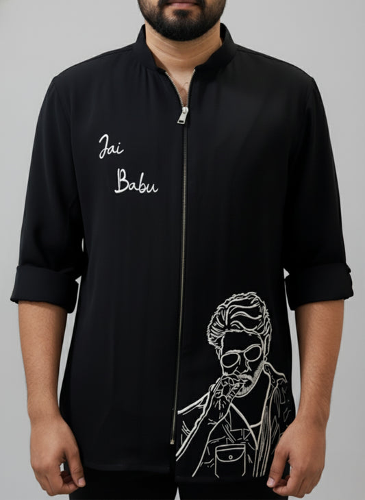 Mahesh Babu's Jai Babu shirt- black zipper shirt with white hand embroidery
