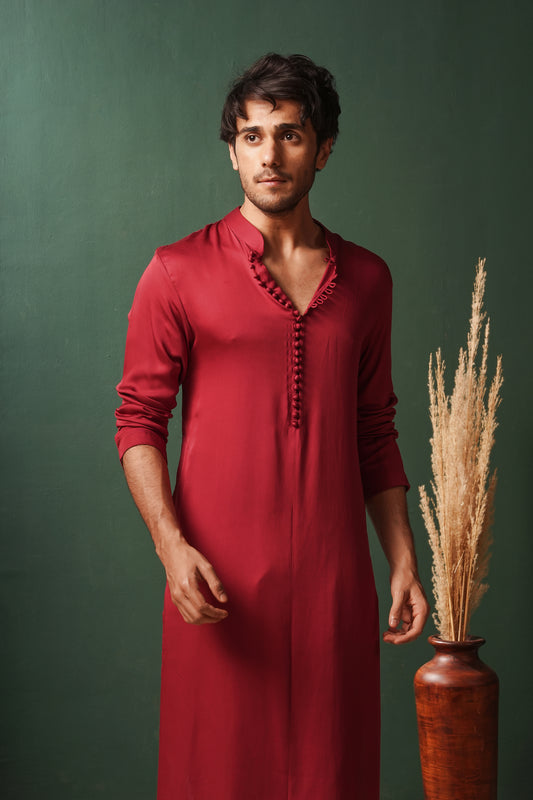 Red Plain Kurta with Traditional Buttons