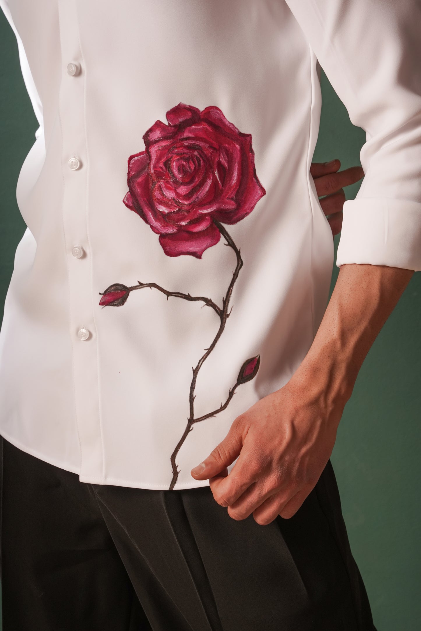 Red Rose - Hand Painted White Shirt