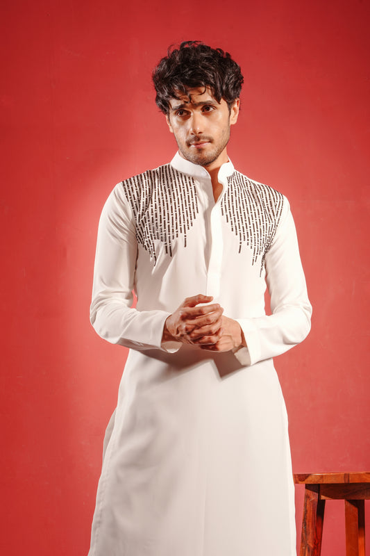 White Kurta Embezzled with Black Motifs Design