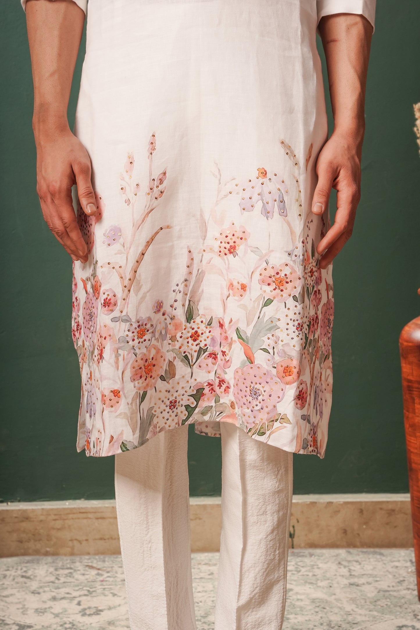 White Floral Kurta for Men