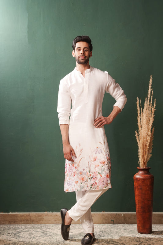 White Floral Kurta for Men